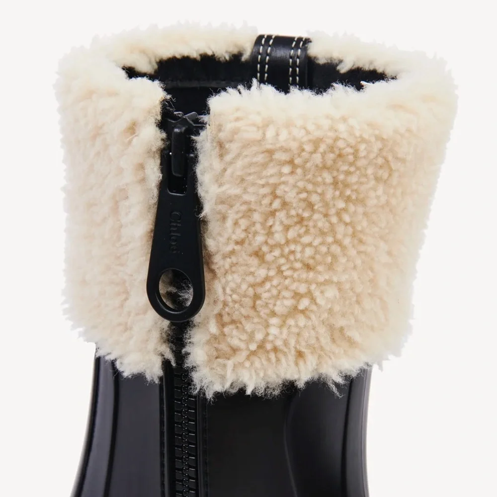 Chloé Black Rain Boot with Cream Shearling Cuff